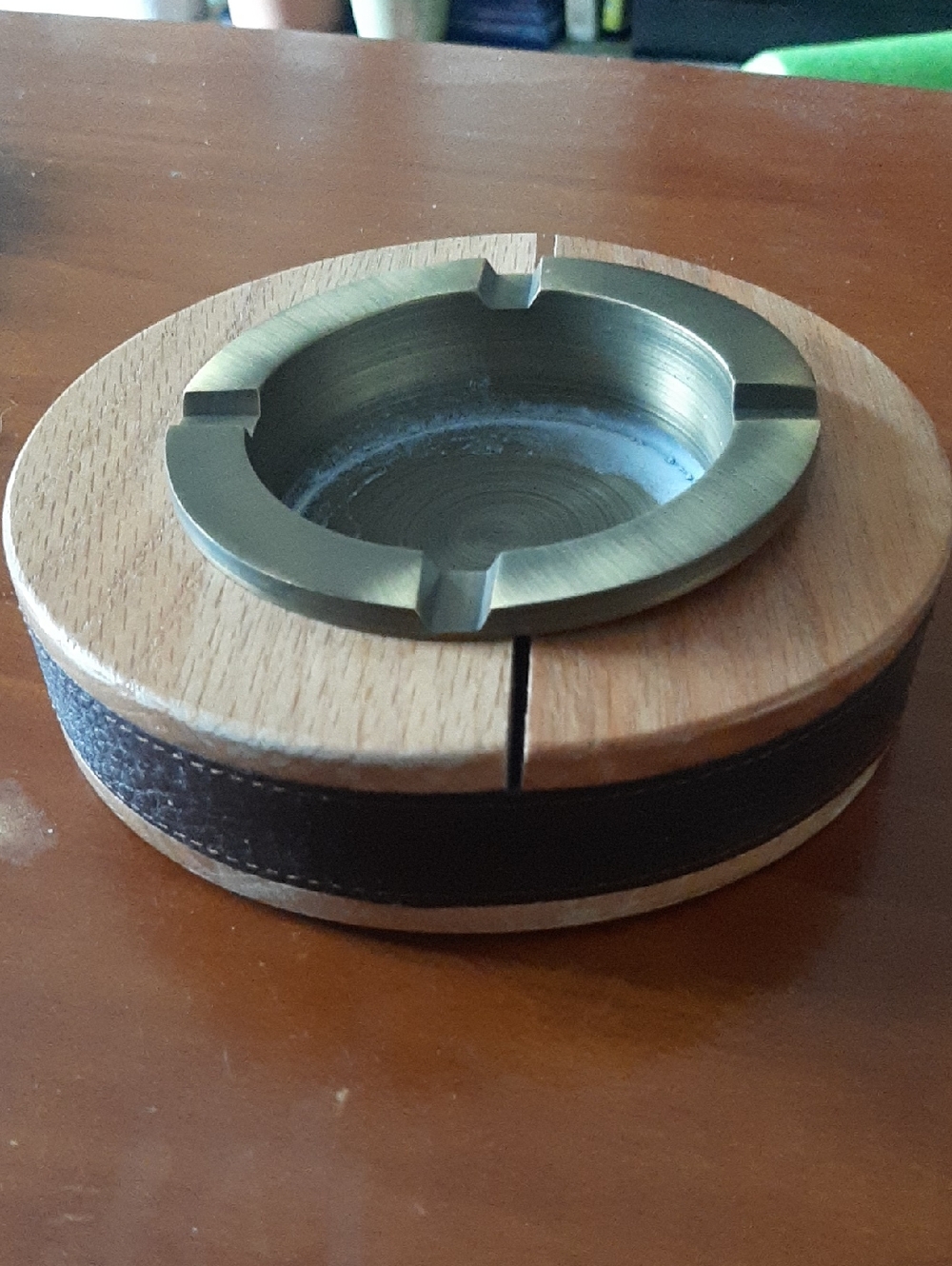 Brass Finish Round Ashtray with Wood Base - Brown